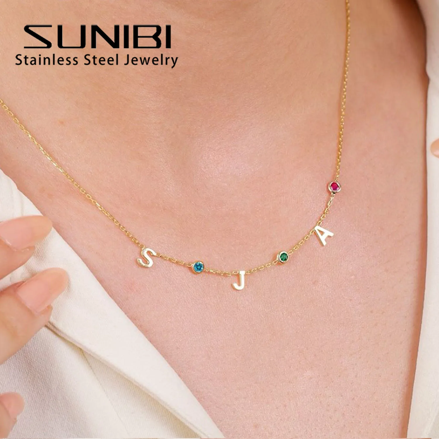 

SUNIBI Name Customized Necklace DIY Birthstone 26 Letter Pendant Birthstone Necklace for Women Birthday Gift Dropshipping