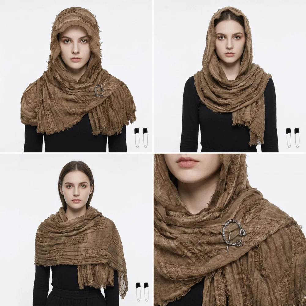 Gothic Distressed Hooded Scarf Polyester Metal Brooch Halloween Viking Cosplay Wrap Costume Accessory Long Medieval Shawl