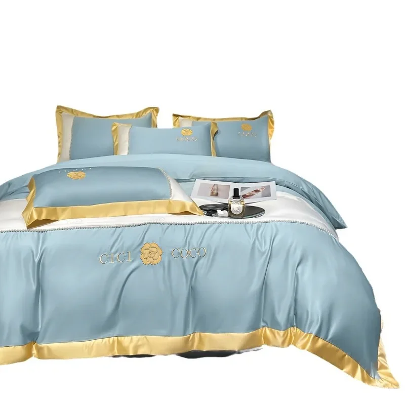 

Light luxury washed silk ice silk embroidered four piece set, summer three piece set, duvet cover, bed sheet, bedsheet style, na