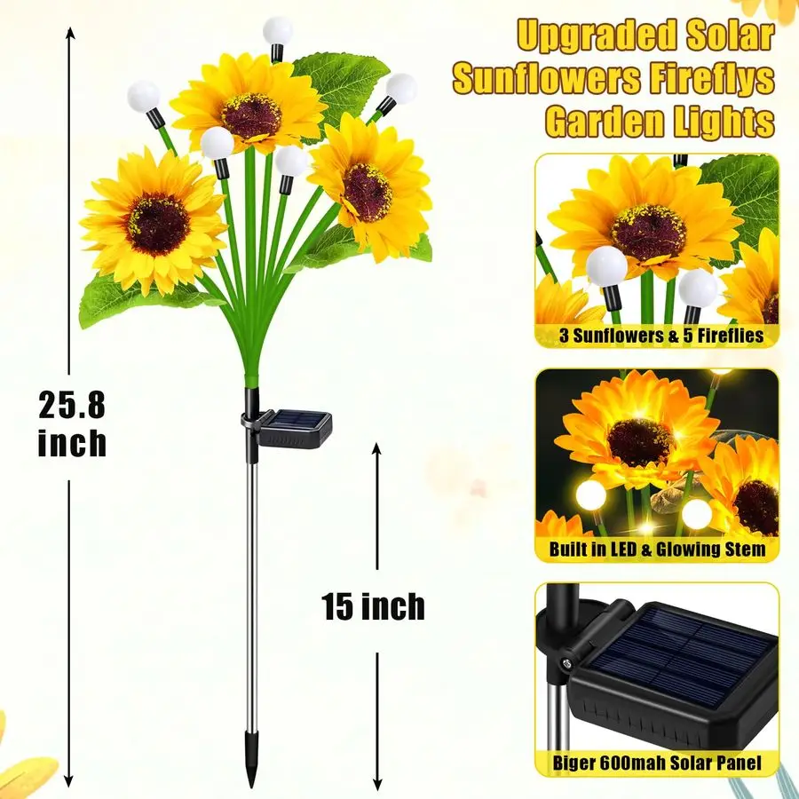 أضواء ديكور الحديقة الخارجية، 4 عبوات عباد الشمس مع أضواء اليراع، أضواء الزهور الشمسية المقاومة للماء، هدايا عيد الميلاد للنساء الأم Gr