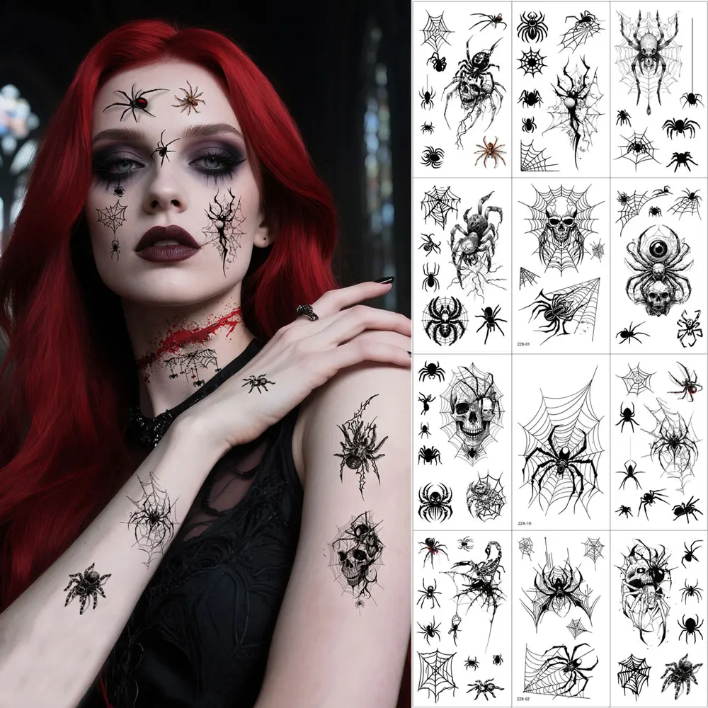 

10pcs Halloween Temporary Tattoo Stickers Spider Skull Small Pattern Waterproof Tattoo Stickers Suitable For Adult Men And Women