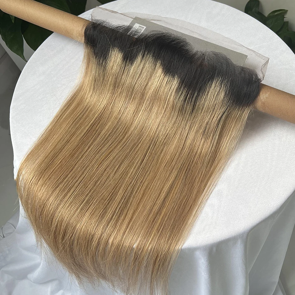 Ombre T1B/27 Color 13x4 Transparent Lace Frontal 100% Human Hair Straight Pre-Plucked Bleached Knots Invisible Lace Frontal