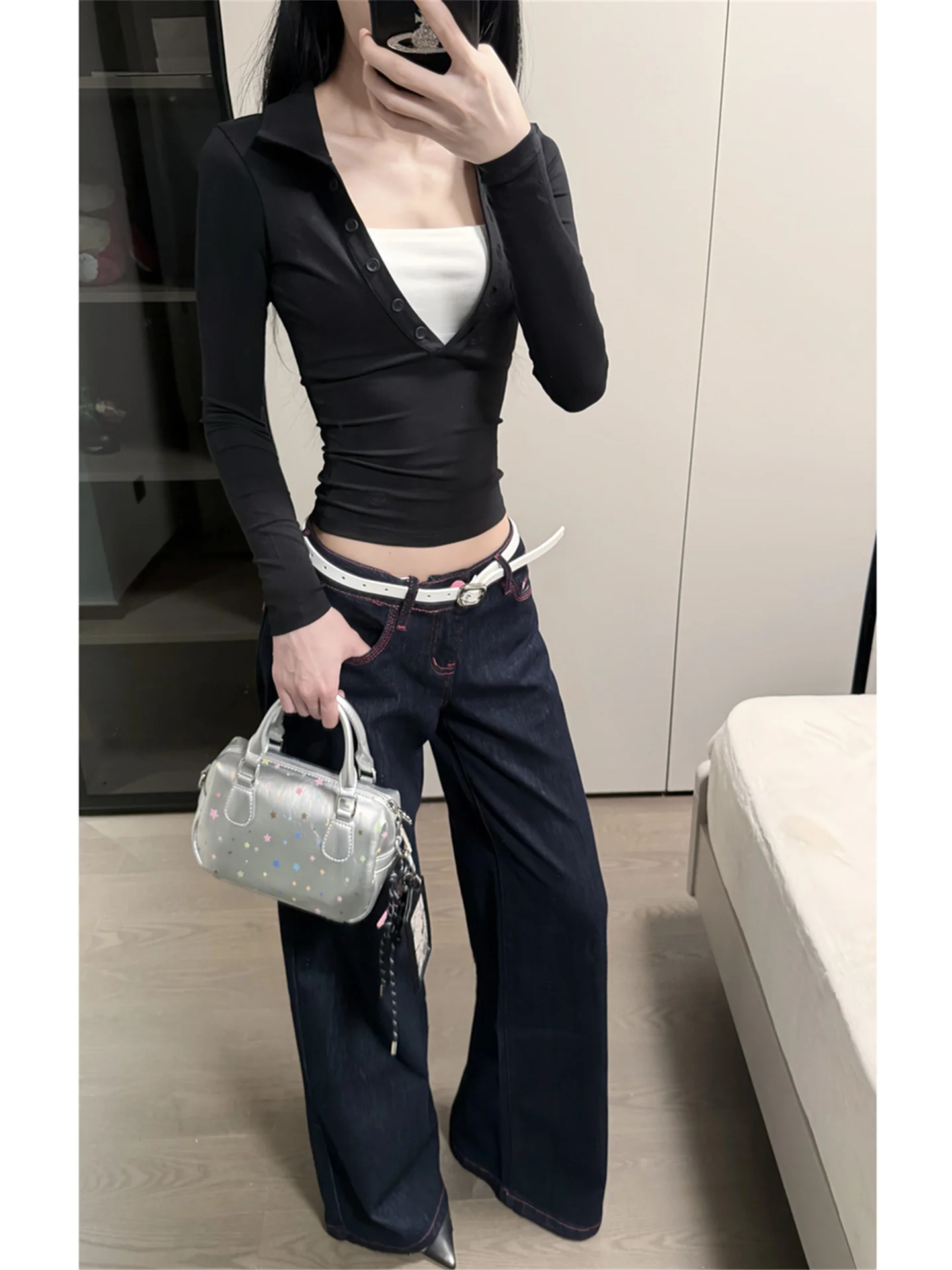 

American Retro Low Waist Flared Jeans Women Loose Slimming Tall Extended Design Sensation Floor-Length Pants Casual Cotton