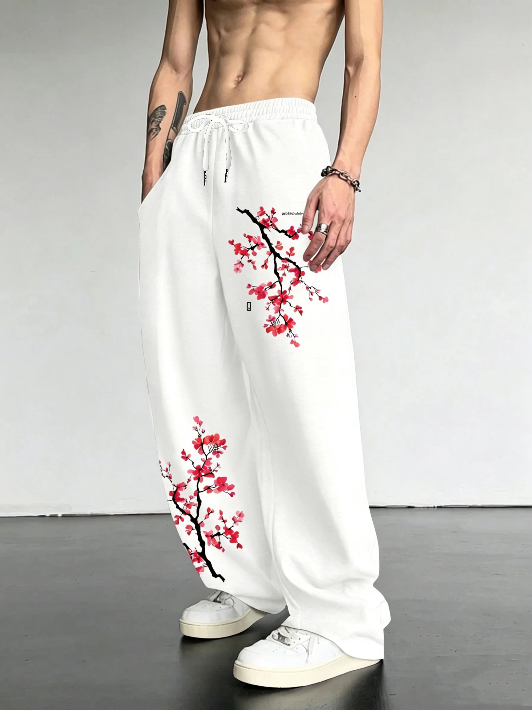 2026 New Men's Casual Straight Leg Pants - Chinese Style Plum Blossom Print Design with Drawstring and Comfortable Waist