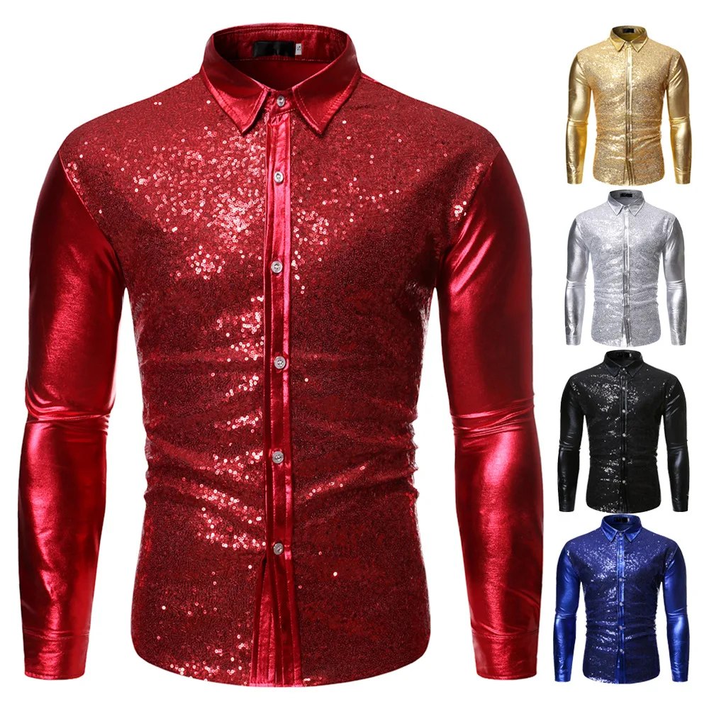 Nightclub Multi Color European Size Shirt Youth Cool Glitter Hot Stamped Dance Dress Shirt Men's Sequined Performance Shirt