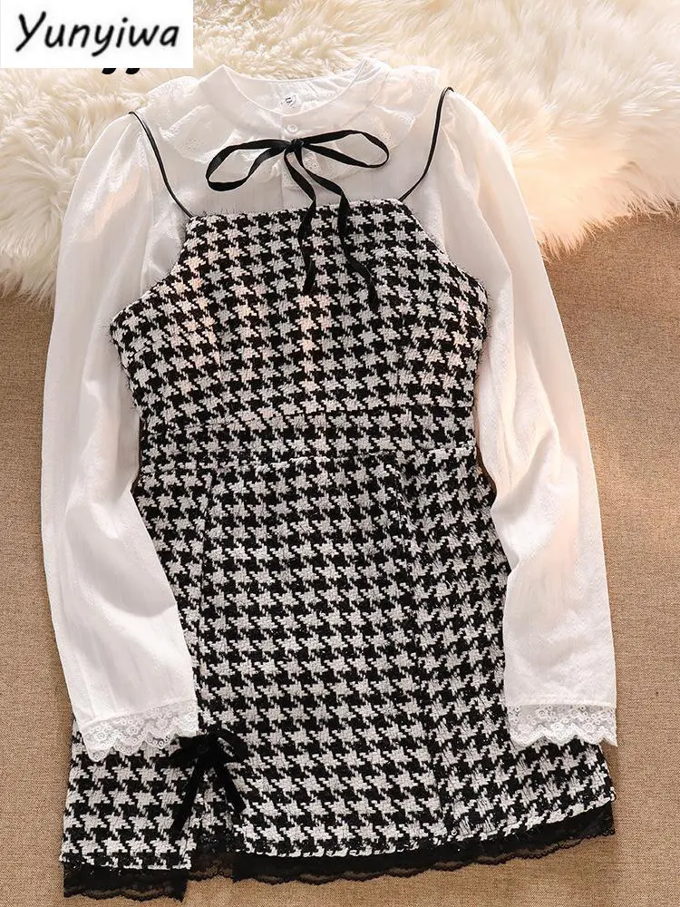 

Spaghetti Strap Dress Sets Women Houndstooth Cut Sun2022 Spring 2 + White Sleeve Shirts Outfits