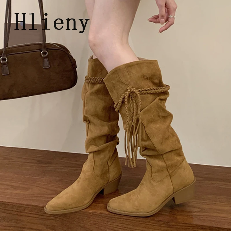 

Hlieny/женские сапоги до колена в стиле ретро в стиле вестерн, модные ковбойские повседневные женские туфли на низком толстом каблуке с острым носком, Zapatos De Mujer