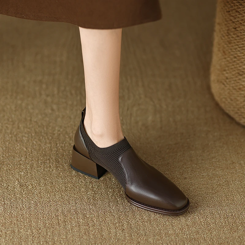 2023 New Genuine Leather Top Quality Sheepskin Shoes Woman Spring Slip on Dress Black Round Toe Ladies Loafers High Heel Shoes