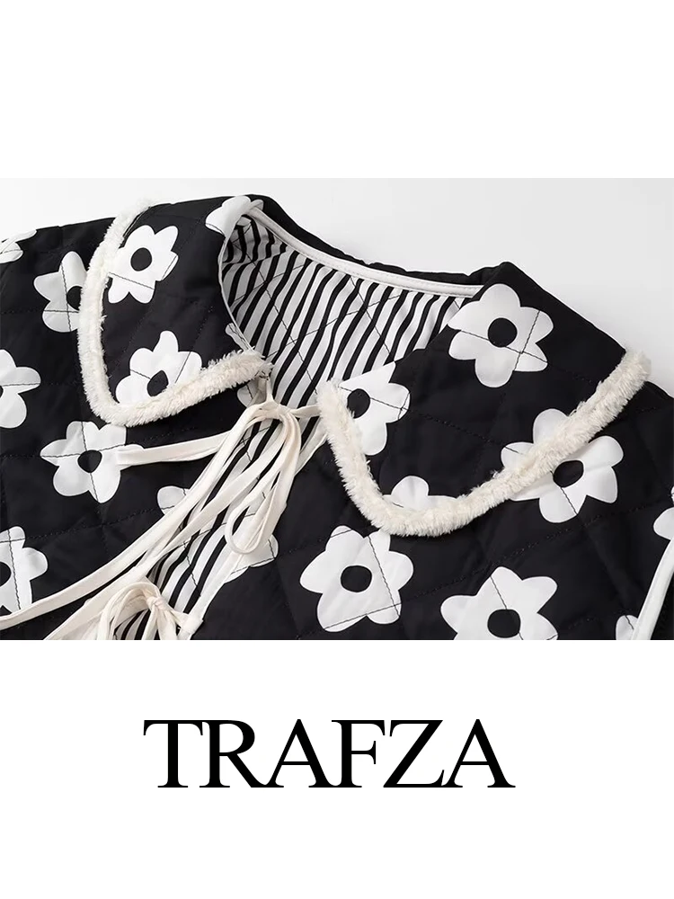 TRAFZA-Veste en Coton à Revers Réversible pour Femme, Manteau à Bretelles Imprimé, Élégant, Manches sulf, Chaud, High Street, Nouvelle Mode, Hiver