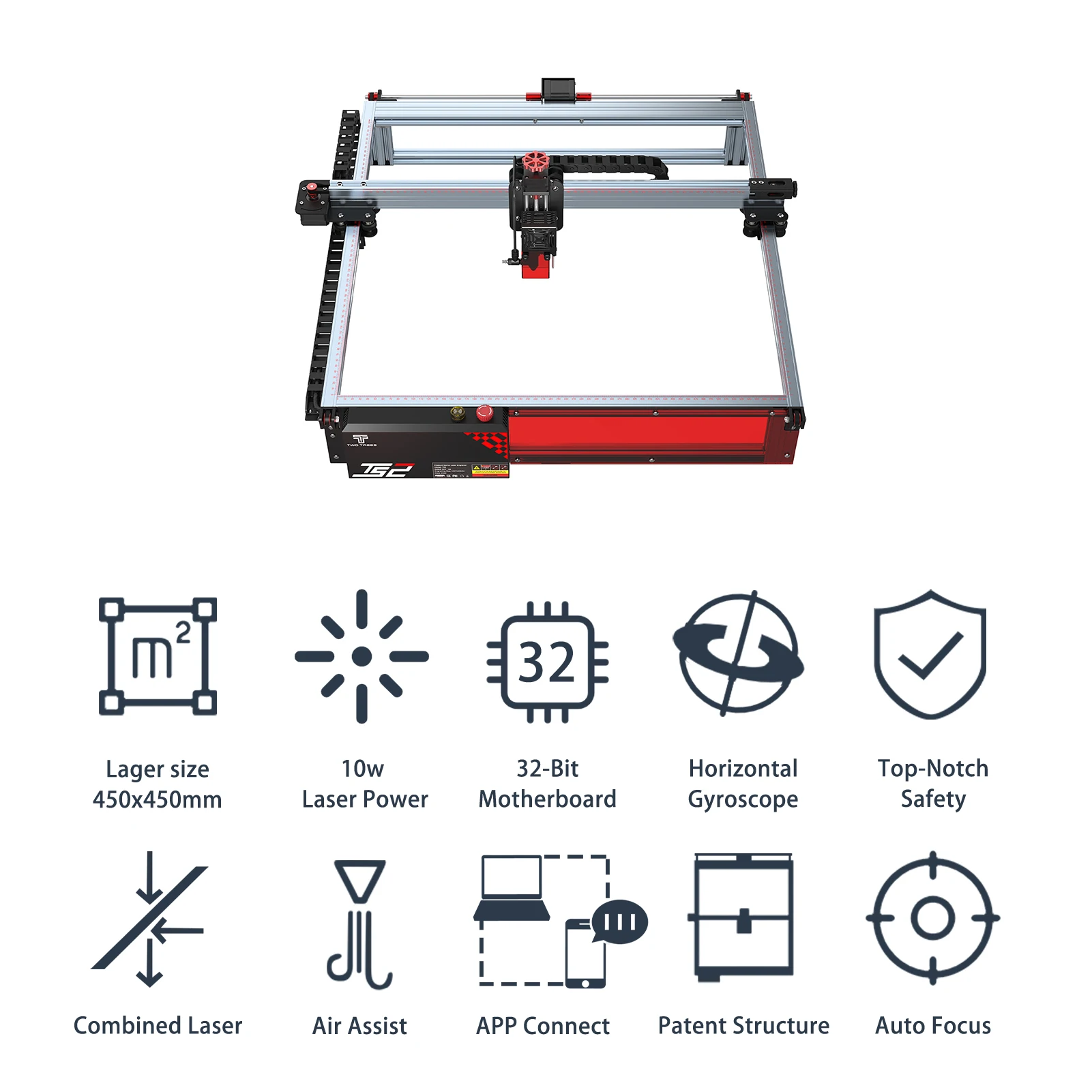 

Two Trees TS2 Laser Engraver 10W Laser Cutter Auto Focus Engraving Cutting Machine 450x450mm Engraving Area with Air Assit Sys