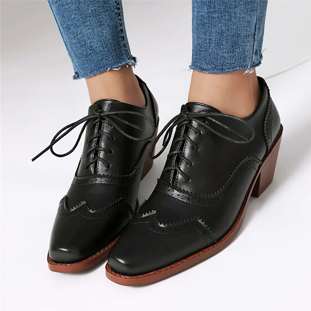 Women British Oxfords Retro Thick High Heels Brogues Pointed Toe Office Lady Lace Up Shoes Femelle Pumps Spring Big Size 35-46