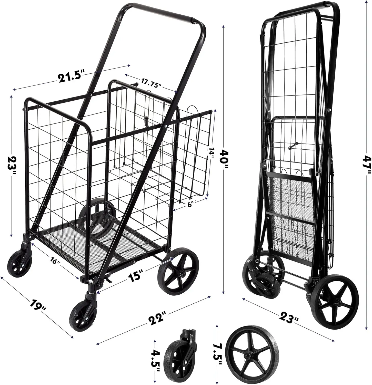 عربة تسوق قابلة للطي، عربة بقالة، سعة 340 رطل، عربة أدوات مع 360 درجة ° عجلات دوارة، سلة كبيرة وإضافية · للبيع #1