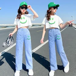 2PCS 2024 Summer teens Girls Clothes Sets Outfits Kids crop top T-shirt + demin Pants jeans Child tracksuit 6 8 10 12 14 Year