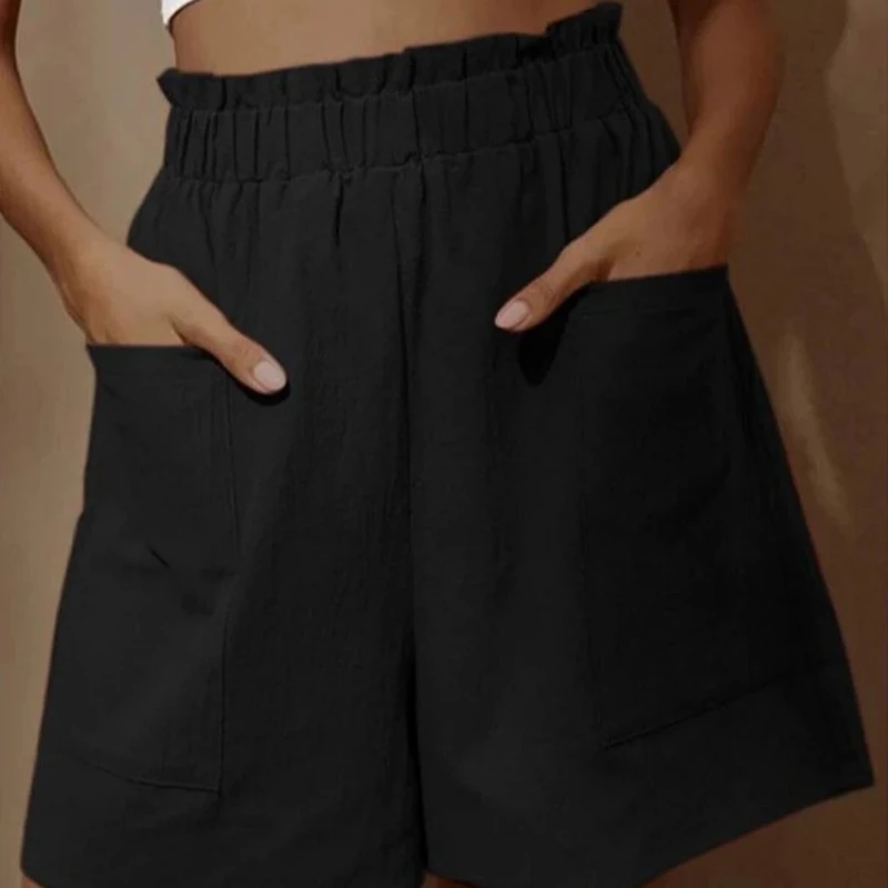 Summer New Loose Large Size Casual Shorts Women's Solid High Waist Casual Pants Two Pockets Wide Leg Pants Female Shorts Sport