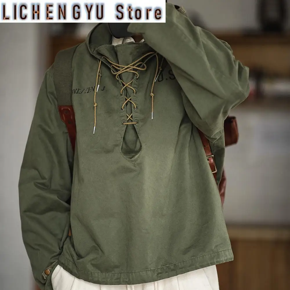 

Maden Retro Green Deck Jacket Hooded Sweatshirt wtih Drawstring Collar Cuffs Adjustable Design Windbreaker Pullover for Men