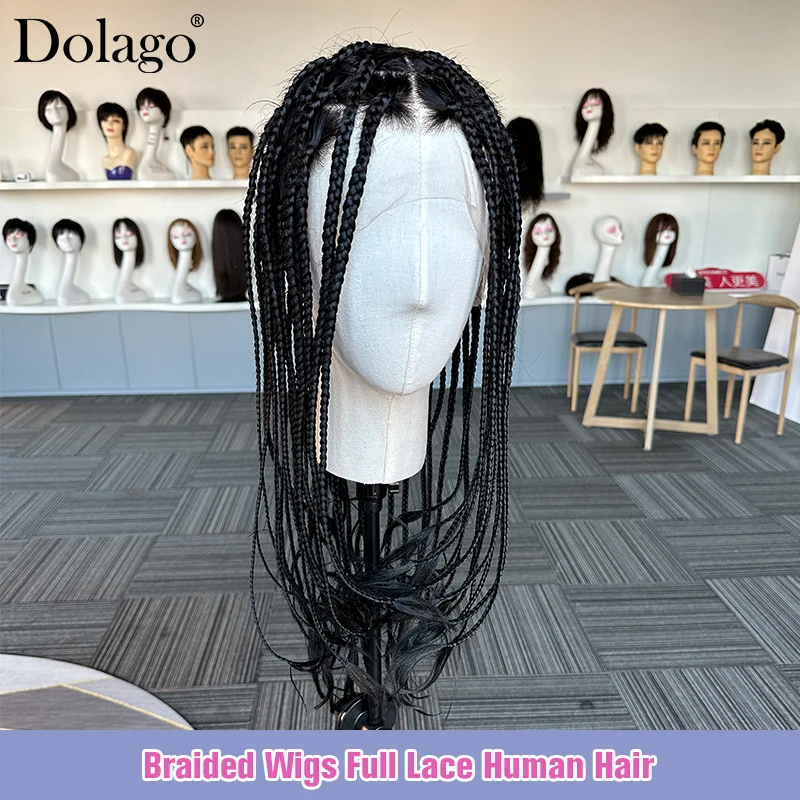 Medium Micro Knotless Braids Glueless Human Hair Full Lace Wigs Braided Wig For Black Women With Synthetic Bulk Braiding Hair