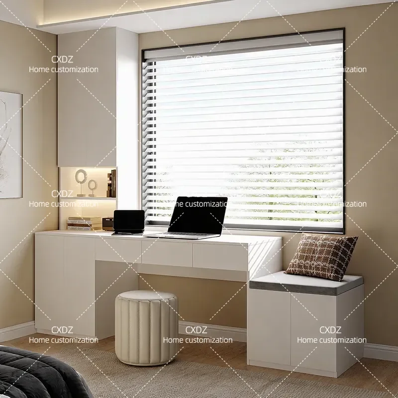 ENF Grade Oak Solid Wood Bay Window Cabinet Desk Integrated Pull Out Window Sill Storage Unit Cream Style Combined Bookcase