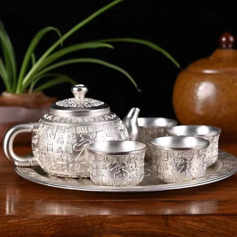 Retro Baifu Tea Set Wine Set Kung Fu Tea Set Chinese Handmade High-end Teacup Household Tea Bowl Set With Tray Teapot Gift Box