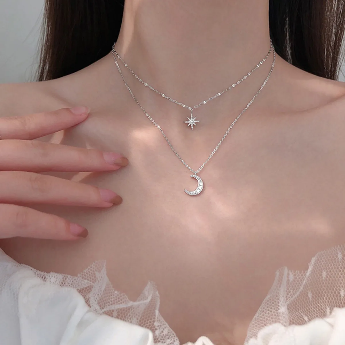 Stars Moon Double Necklace Silvery Alloy Material Chain Shining Women Fashion Style Design Small Collarbone Chain Light Luxury