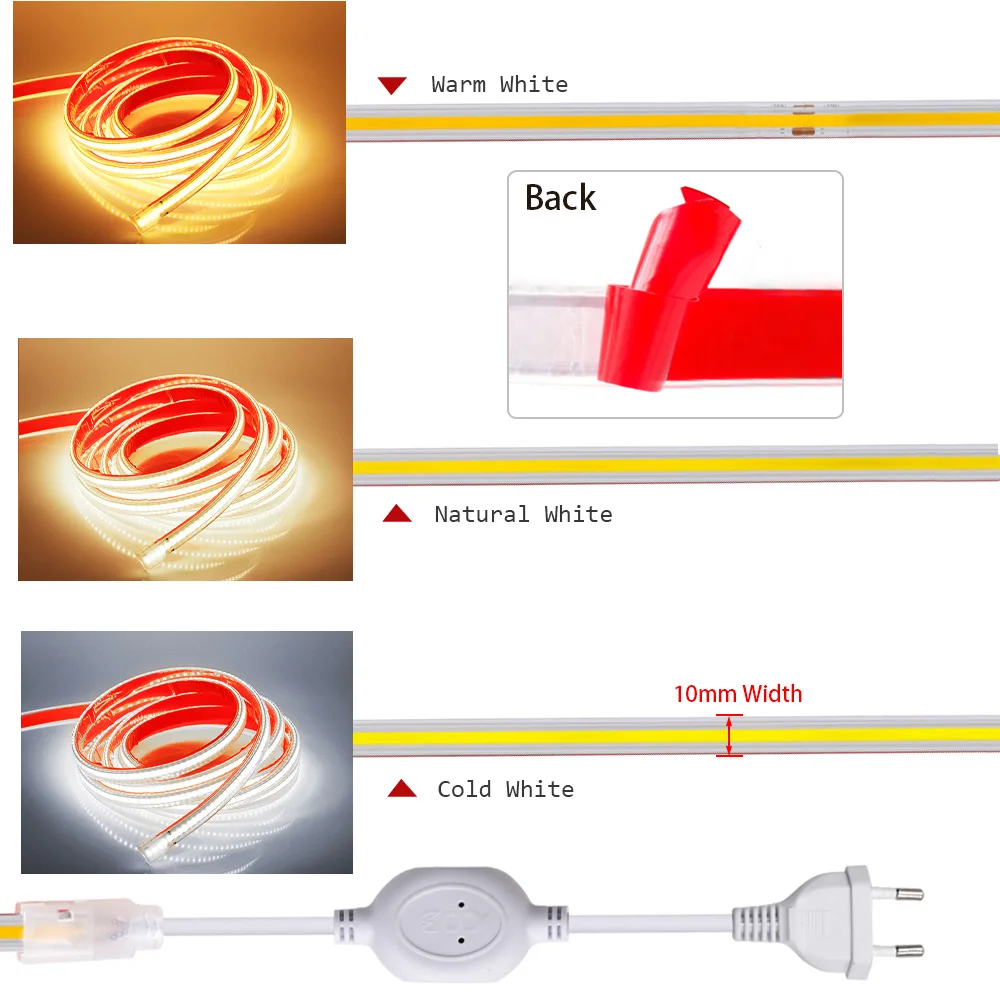 COB LED Strip Light 220V with Adhesive Switch EU Power Plug Kit Waterproof Flexible Led Ribbon Tape High Density Linear lighting