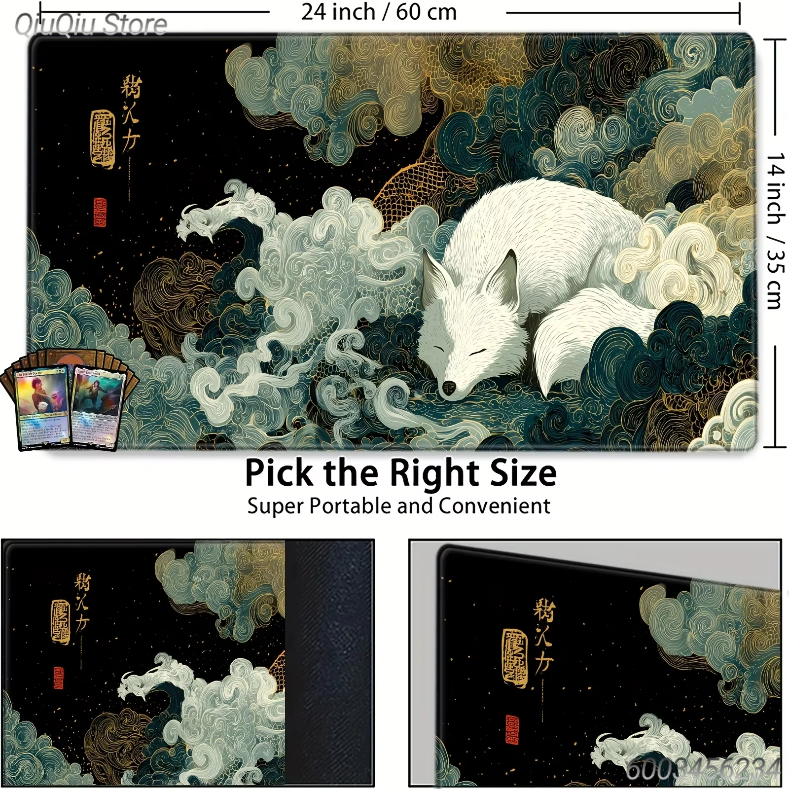 Kitsune Fox Art Large Mouse Pad, Non Slip Rubber Base Desk Mat for MTG & Trading Card Games