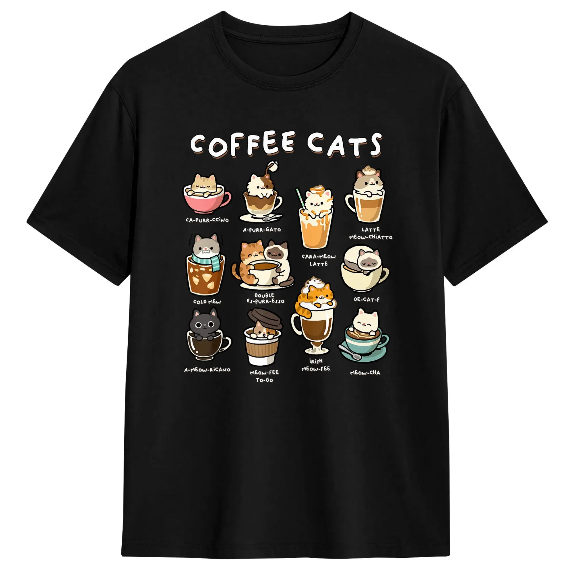 Cute Coffee Cats Kawaii Pun Funny Cat Lover Barista T Shirt Summer  Y2K Fun T-Shirts Cotton Hip Hop Tshirt For Men Casual Tops
