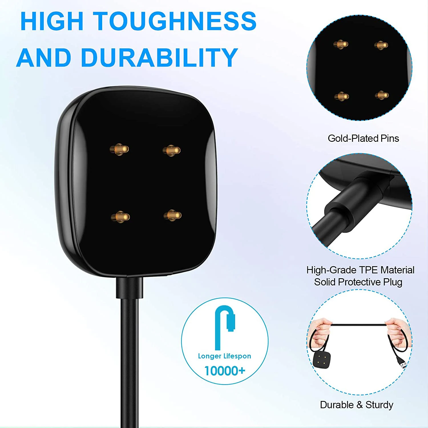 Doca de carregamento USB para Fitbit Sense e Versa 3 Smartwatch, cabo do carregador, 3.3 FT, 2Pack