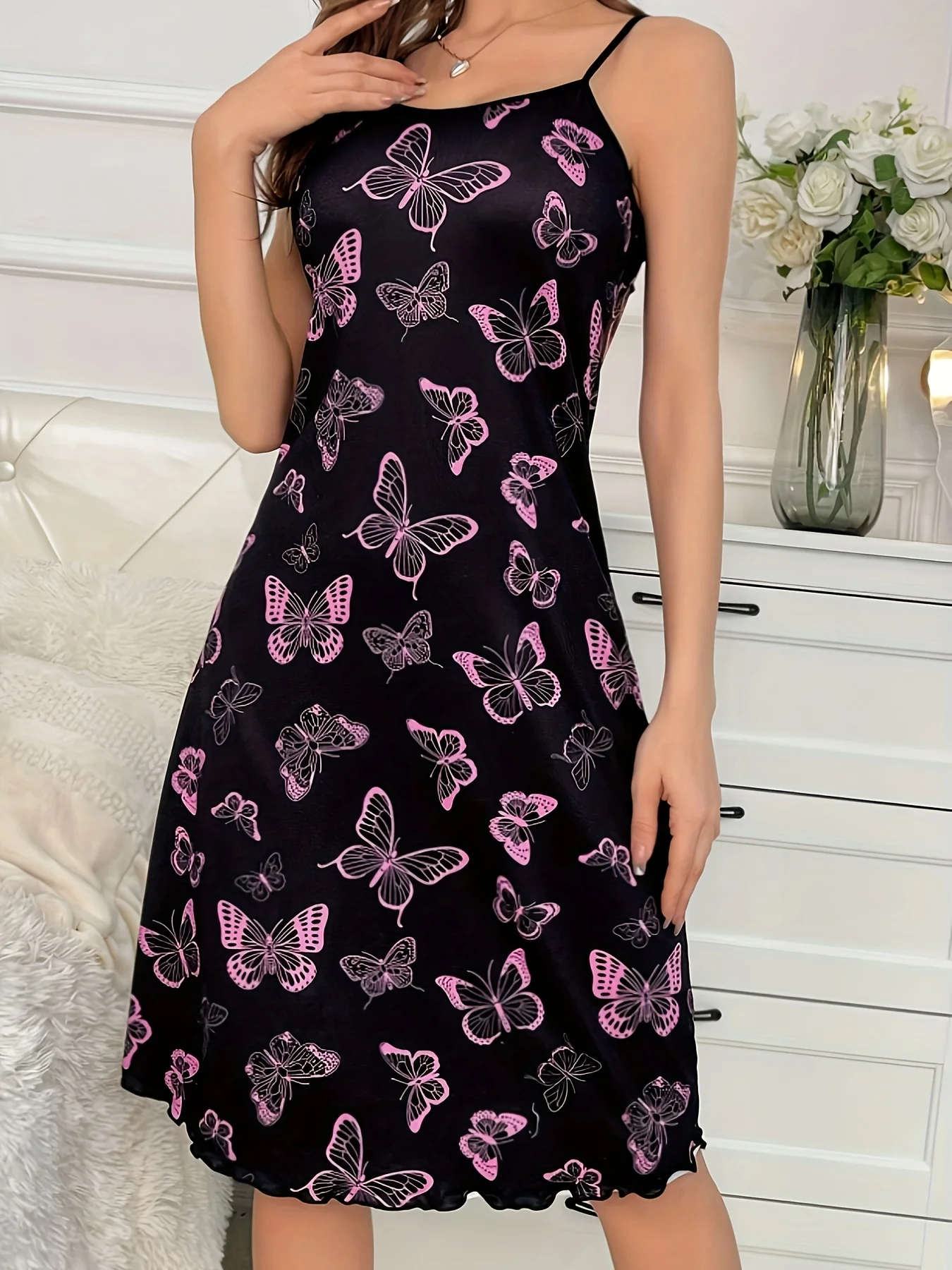 Summer ladies new full printed butterfly pattern printing sexy wood ear milk silk black sling nightdress can be worn outside