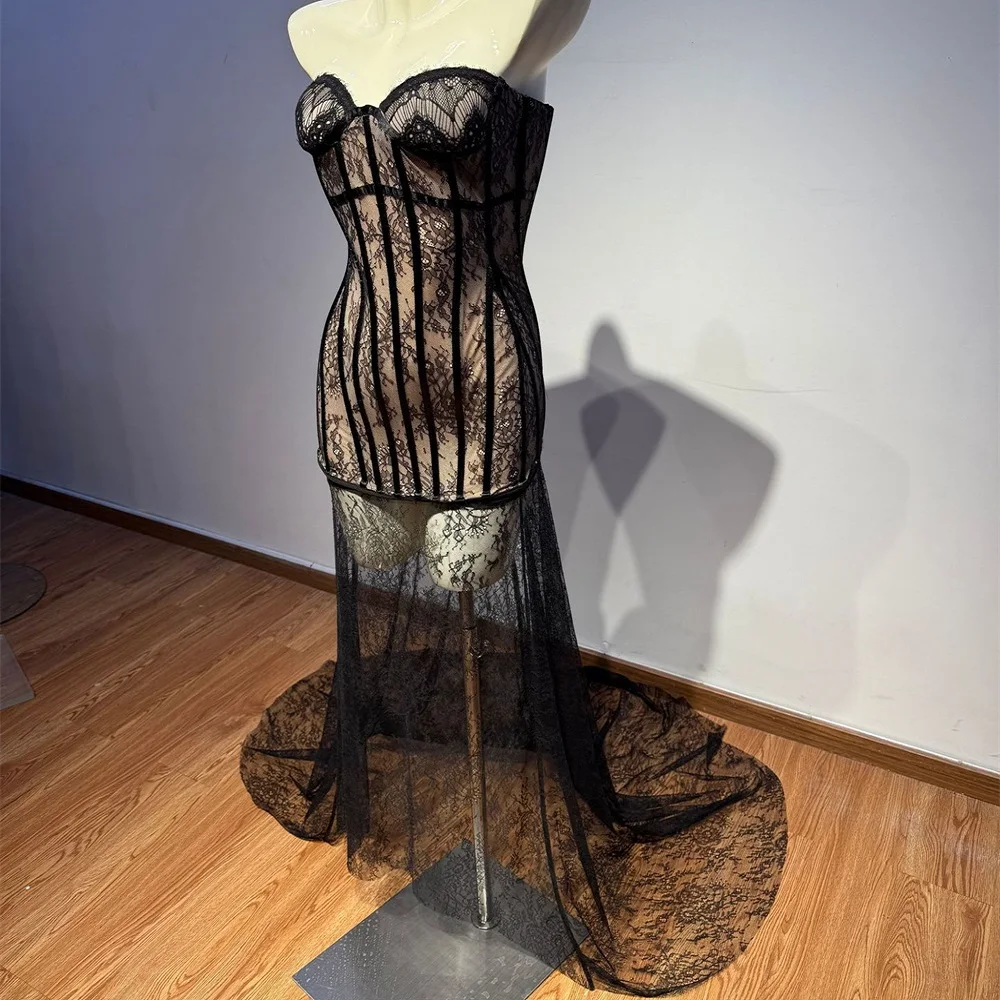 ชุดเดรสลูกไม้ผู้หญิงสำหรับฤดูร้อนปี 2026, ชุดเดรสคอร์เซ็ตลูกไม้เสริมโครง, ชุดเดรสเกาะอกเซ็กซี่สำหรับผู้หญิง, ชุดเดรสทรงบอดี้คอนแฟชั่นใหม่สไตล์ Y2K สำหรับงานปาร์ตี้