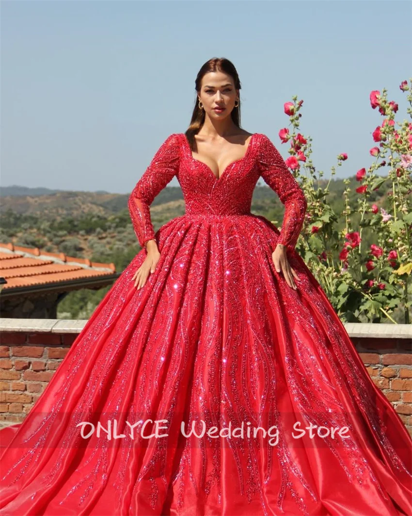 

Sparkle Red Evening Dresses Long Sleeve Glitter Beading Crystal Sequins Gown Lace-Up Wedding Party Gown Open Back