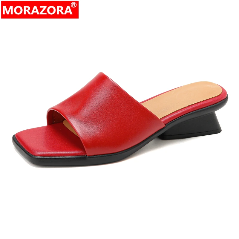 

MORAZORA Genuine Leather Slippers Women Shoes Open Toe Mid Heels Summer Mules Fashion Party Dress Shoes Red Black