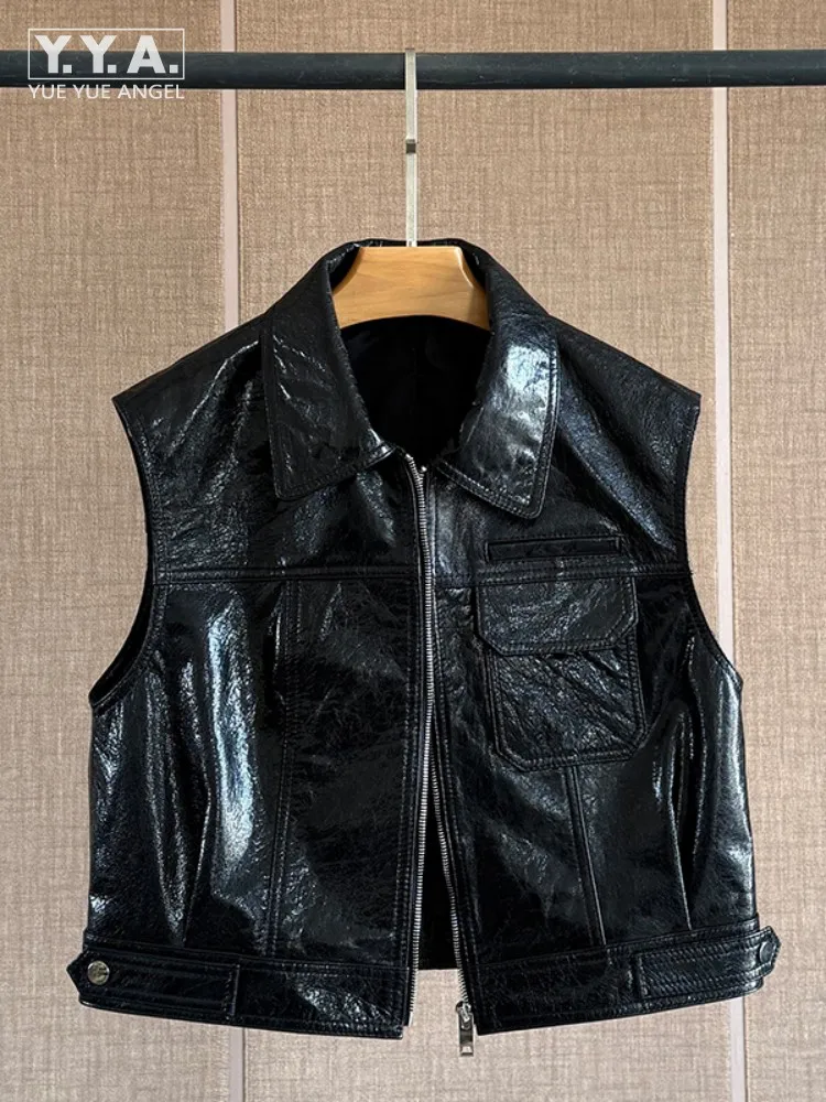 

Fashion Oil Wax Genuine Leather Womens Vests Natural Sheepskin Short Tops Slim Fit Sleeveless Turndown Collar Zipper Waistcoat