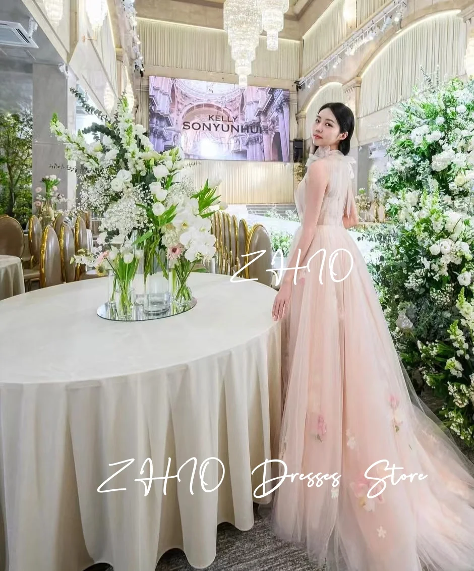 ZHIO – robe de soirée de mariage plissée, avec des appliques exquises, col haut, ligne a rose, en Tulle, pour séance Photo coréenne, robe de réception de mariée personnalisée