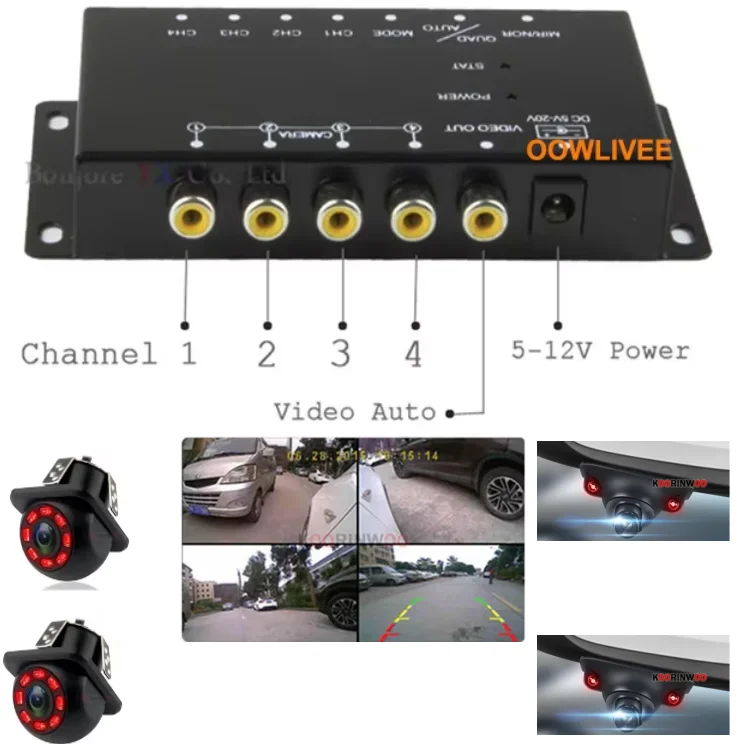 OOWLIVEE Car Recorder DVR Split Box For Android Radio Switch Line Right Left Side Front Rearview 4 Channel Parking Accessories