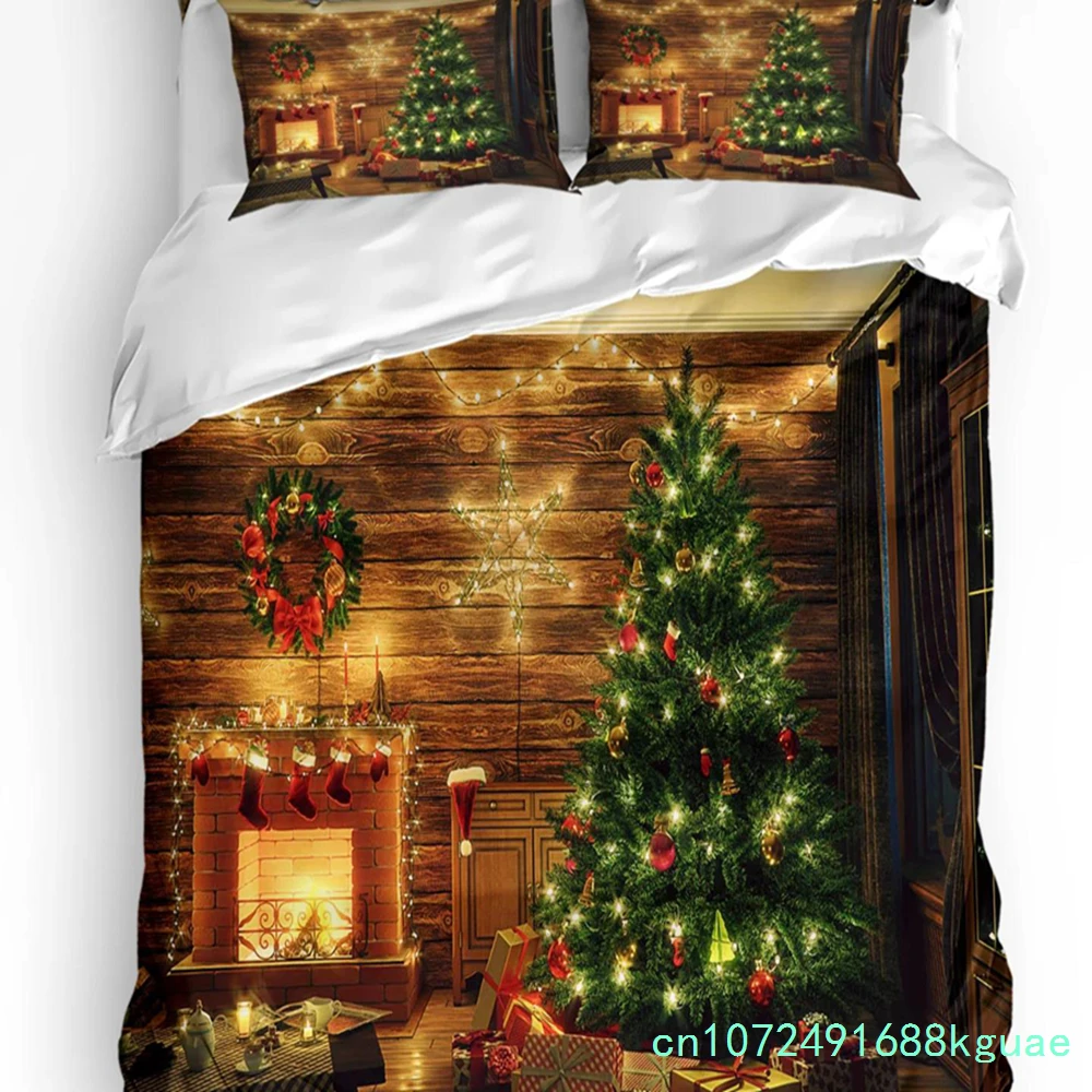 Christmas Room Christmas Tree Fireplace 3pcs Bedding Set For Bedroom Double Bed Home Textile Duvet Cover Quilt Cover Pillowcase