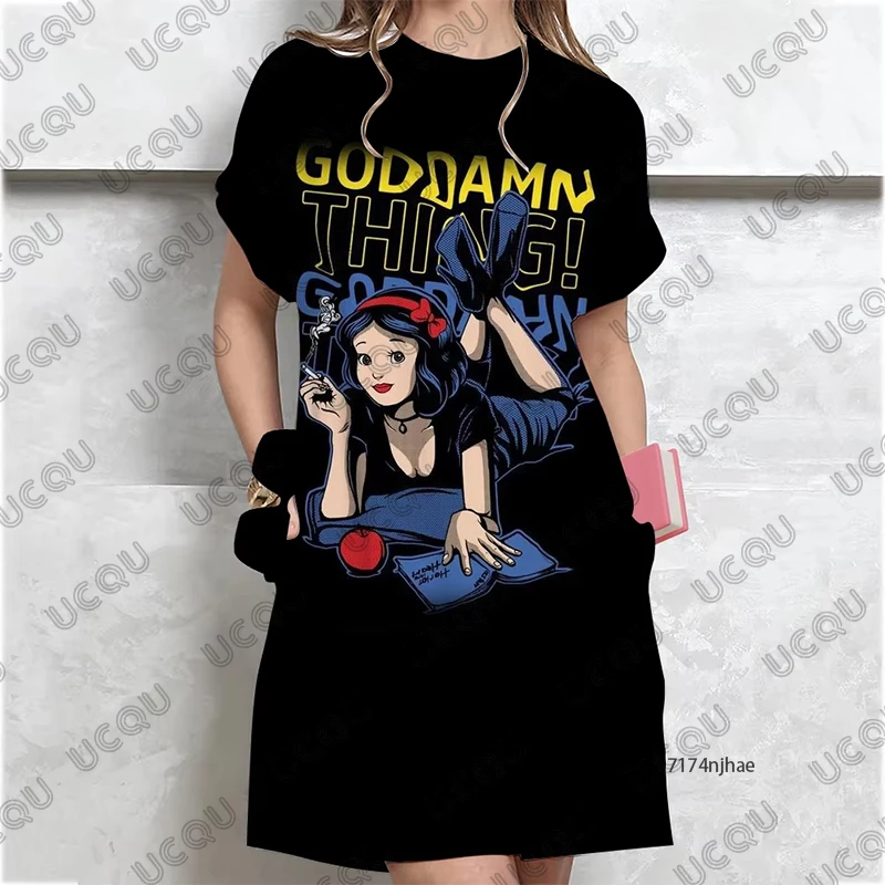 MINISO لطيف الكرتون ديزني الأميرة طباعة فساتين للنساء الصيف تي شيرتات قصيرة الاكمام فستان حفلة فستان موضة غير رسمية #1