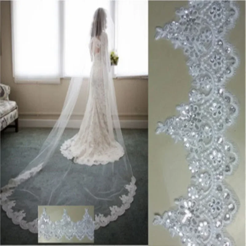 

Cathedral 1T Wedding Lace Sequin Appliqued White Ivory Long Voile Marriage Bridal Accessories Veils 2024