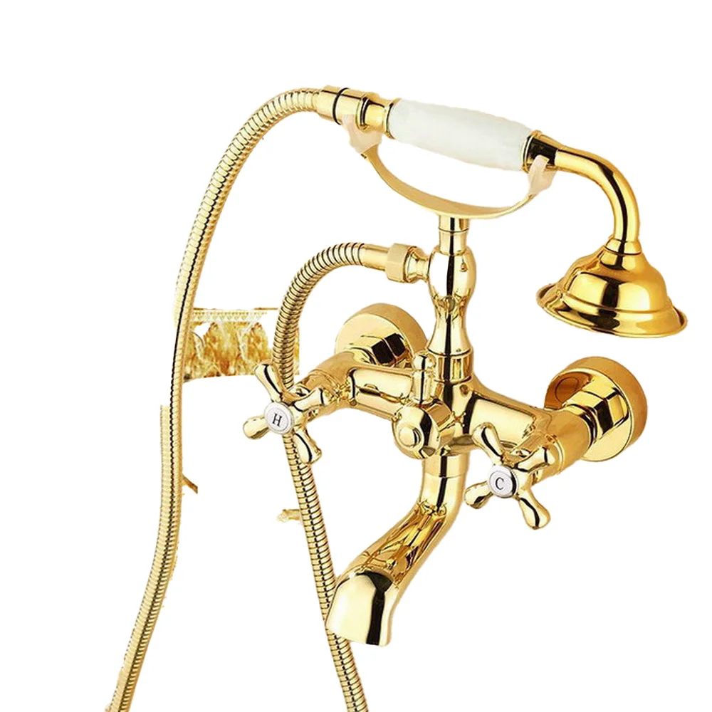 Imagem -06 - Ouro Latão Banheira Torneiras Estilo Telefone Banheira Torneiras Misturadoras Dupla Alça Banheiro Torneira do Chuveiro com Handshower Ztf123 Cor do