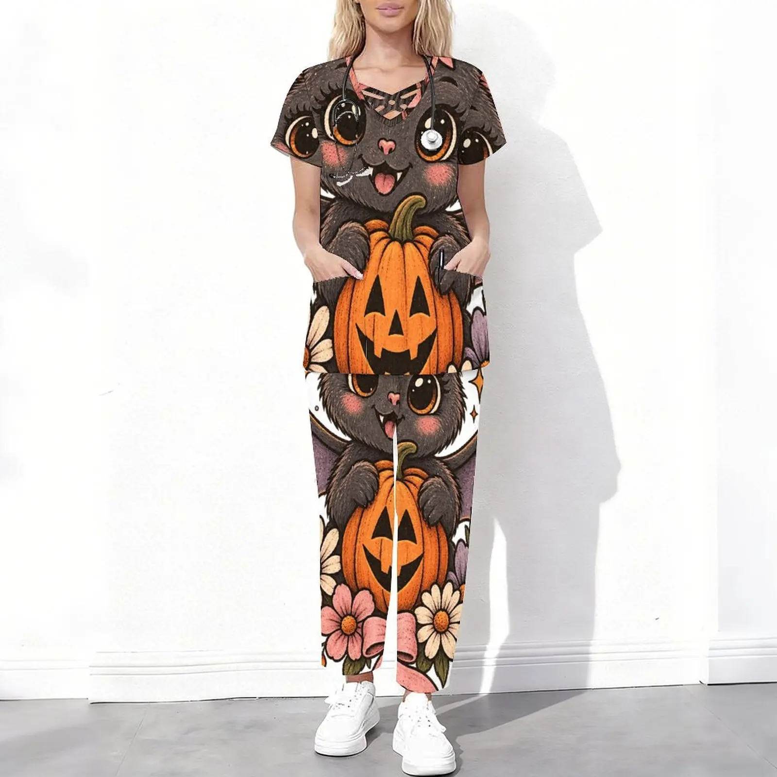 Women Cartoon Halloween Ghost Dog Pumpkin Print Short Sleeve Cutout Neck Scrub Set with Pockets Long Pants Two Piece Outfit