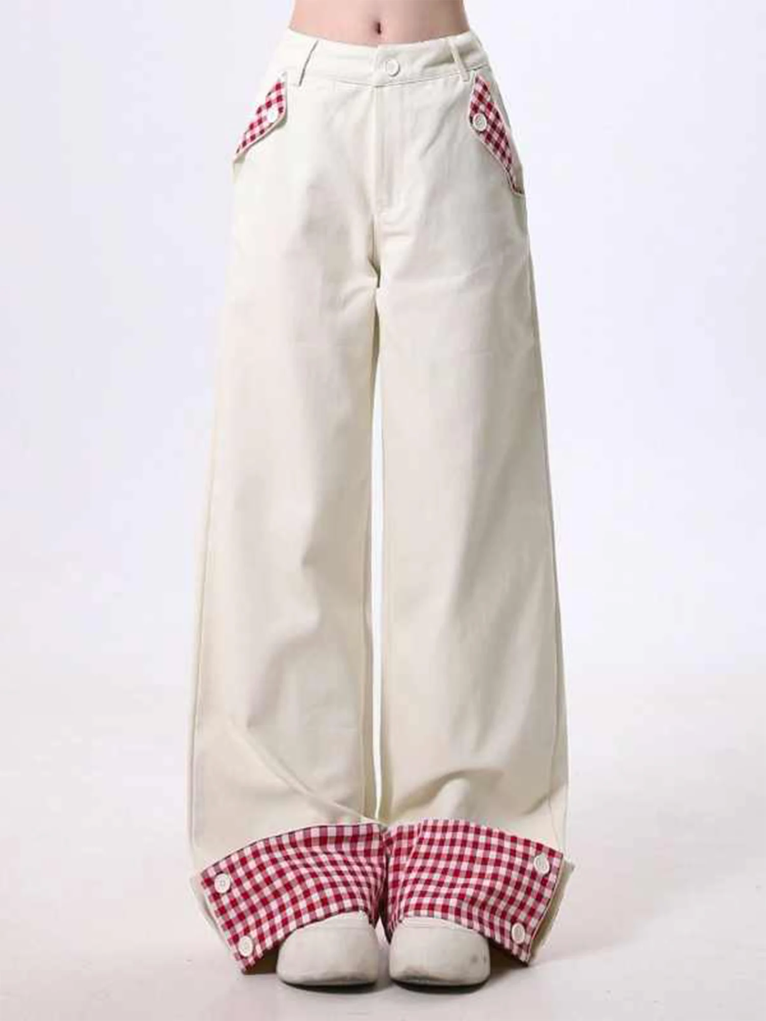 

Women's Apricot Y2k Jeans Japanese 2000s Style Plaid Patchwork Jean Pants 90s Vintage Harajuku Baggy Denim Trousers Clothes 2025