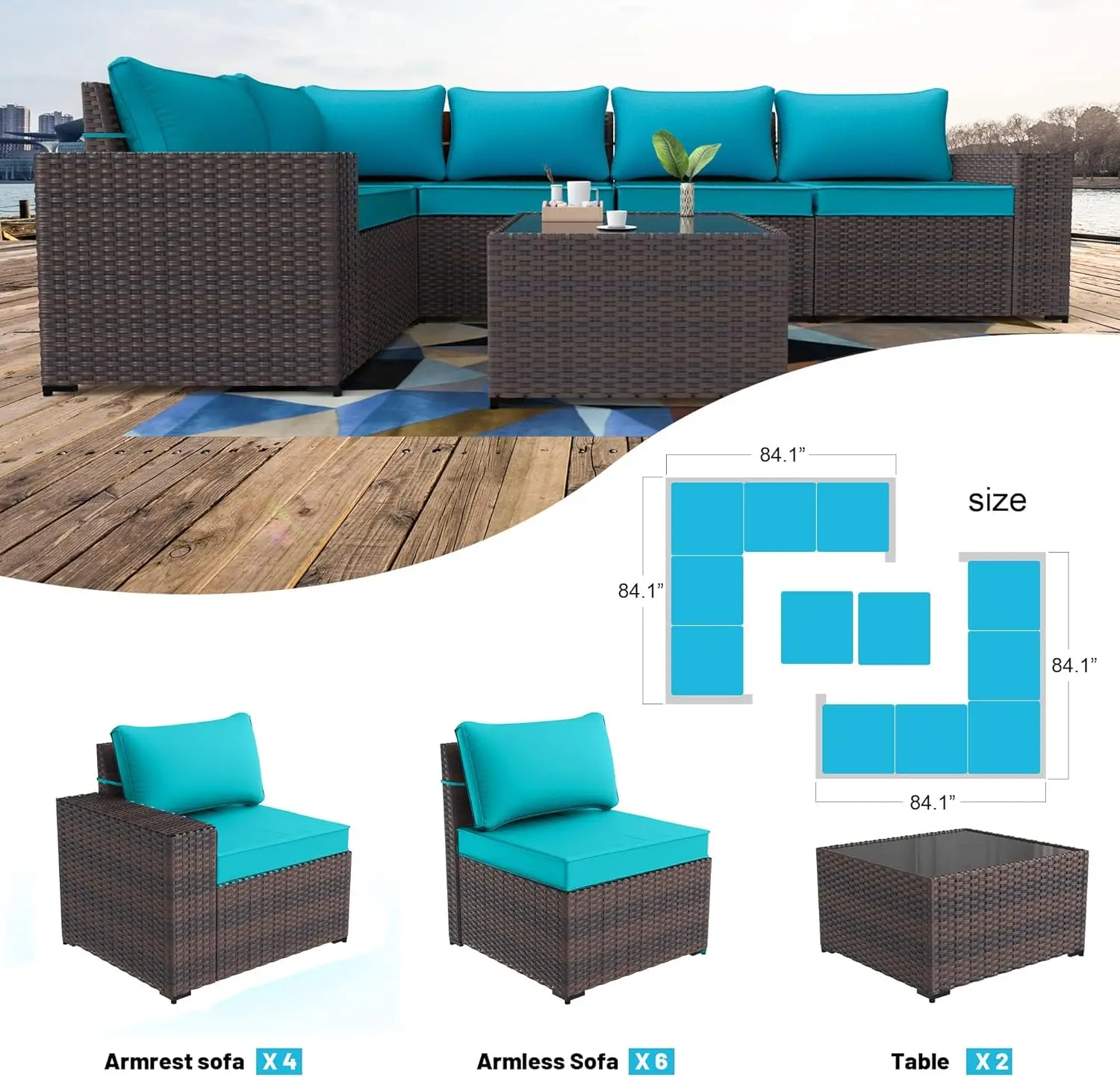 12PCS Outdoor Patio Furniture Set PE Wicker Rattan Sectional Sofa Patio Conversation Sets,Blue