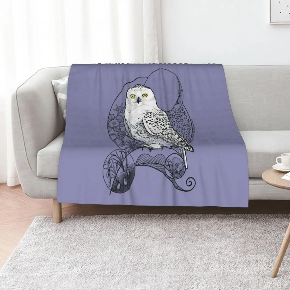 

Snowy Owl Doodle in a wintery scene Throw Blanket Furry halloween Camping Picnic Blankets