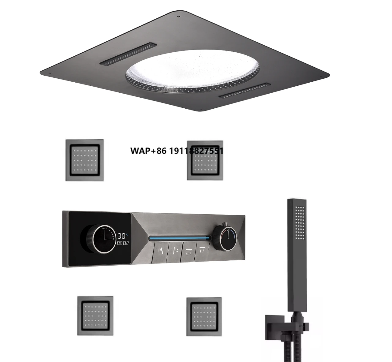 

LED Full Body Smart Ceiling 4 Ways Function Digital Thermostatic Rainfall Waterfall Shower Jets System Set with Body Jets