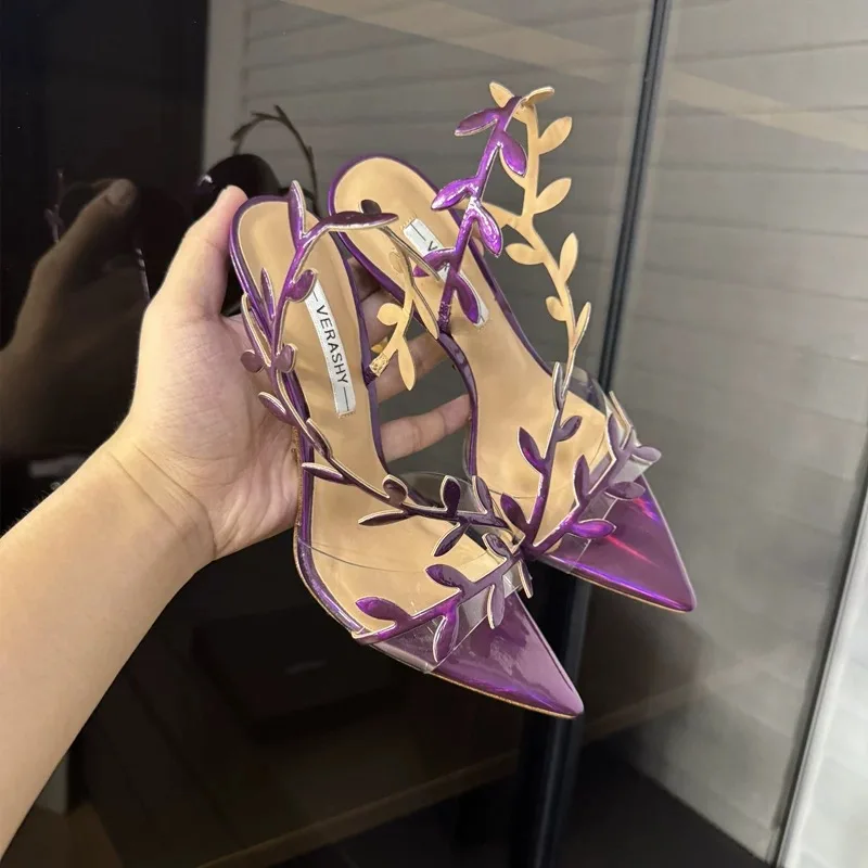 gold-high-heels-women-2025-summer-new-metal-patent-leather-leaf-thin-heel-pointed-open-toe-purple-sandals