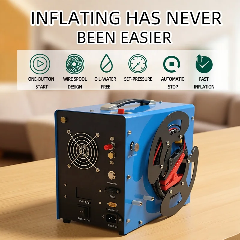 300Bar Portable Built-in Power Converter Oil-Free Auto-Stop Wire Spool Scuba Diving Piston Pump Air-Cooled PCP Air
