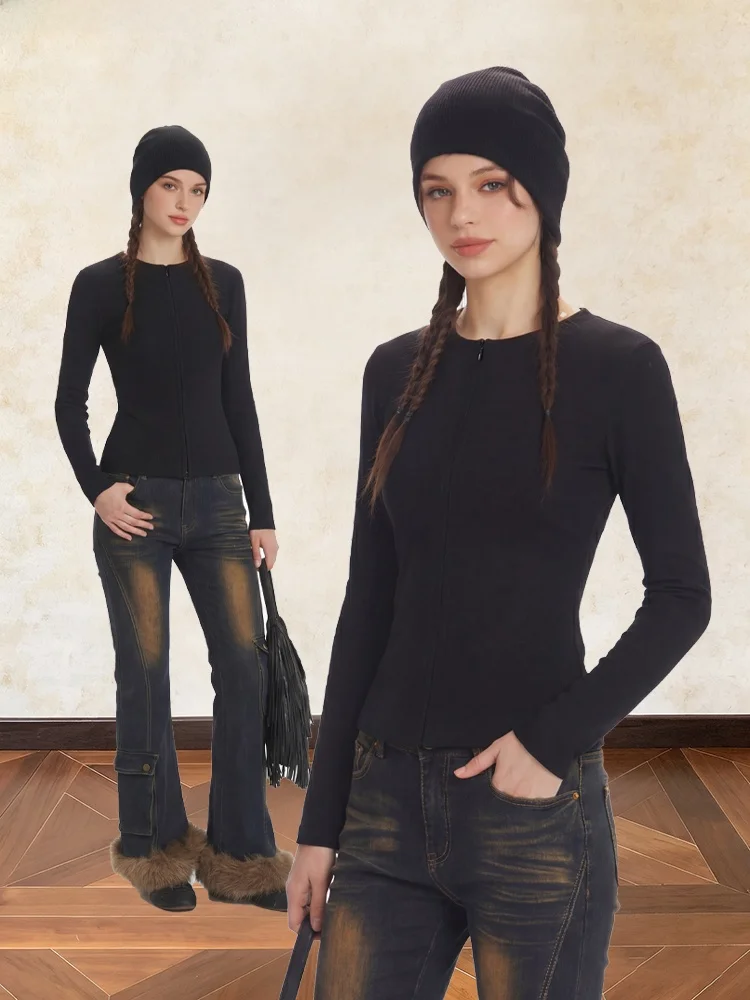 

ALL MY Korean Minimalist Invisible Zipper Modal Long Sleeve Women's Slim Fit Versatile Base Shirt Spring Season Casual Wear