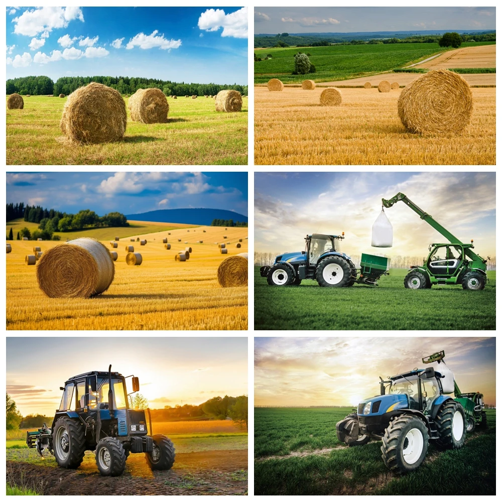 

Фон для фотосъемки «Осенний урожай»: Золотое пшеничное поле, экскаватор, сеновозка в деревенском стиле для оформления дня рождения в фермерской тематике