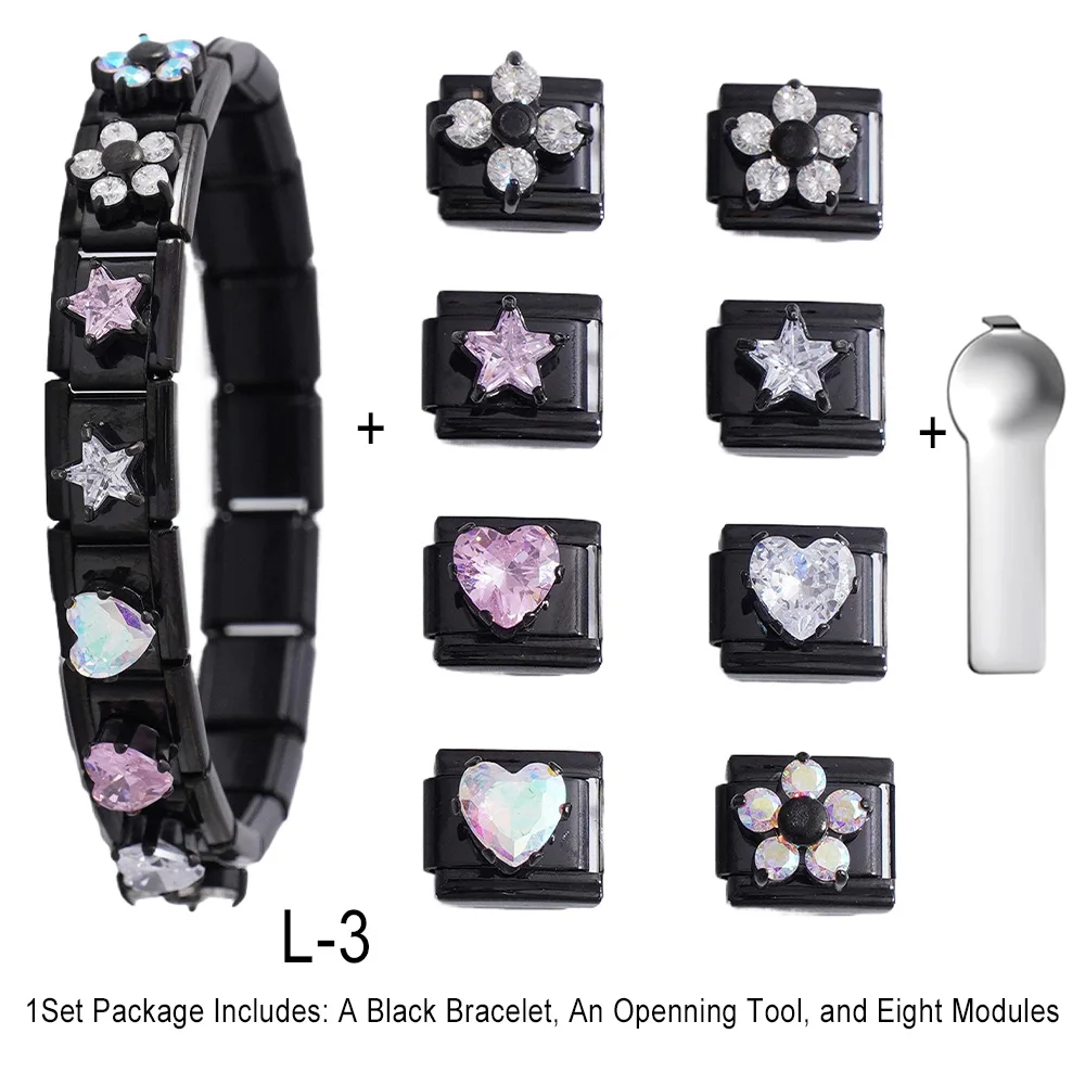 

10pcs Fashion Black Color with Zircon Italian Charm Link Pack fit 9mm Stainless Steel Bracelet for Woman Men Gift DIY Jewelry