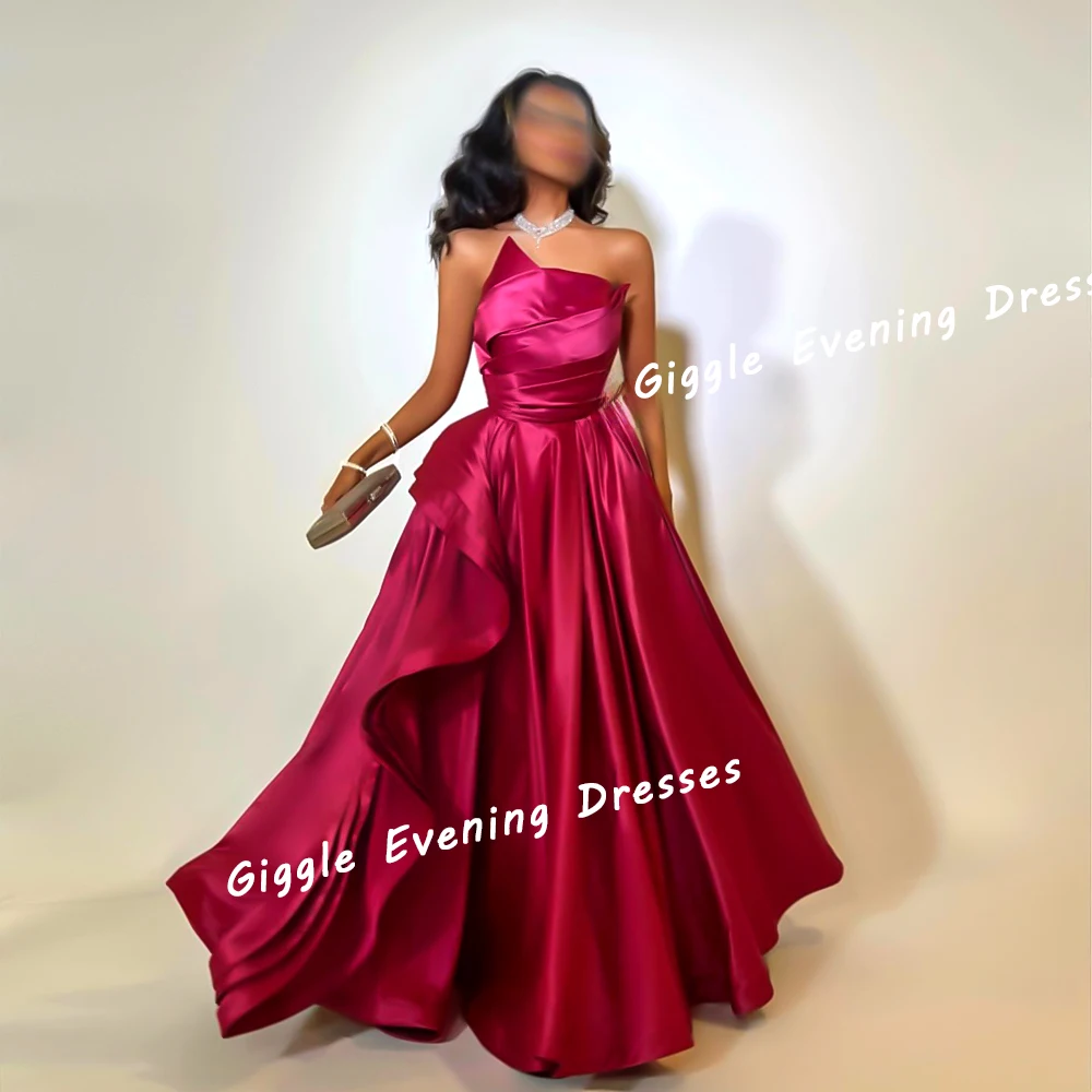 

Giggle Satin Strapless Pleat Elegance Prom Gown Saudi Arab Sleeveless A-Line Floor-Length Evening Party Dresses for Women 2024