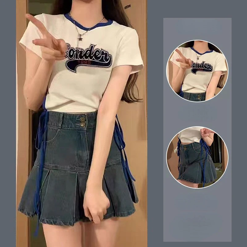 American Sweet Spice Girl Positive Shoulder Short Sleeve Tight Tie Design Short T-Shirt Top Women Summer Denim Skirt Suit